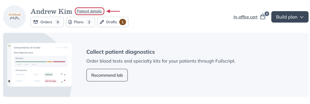 An archived patient profile with the Patient details button highlighted.